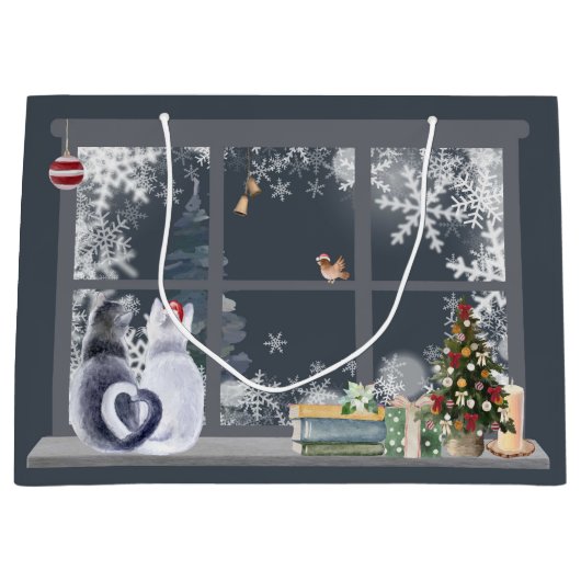 Katten bij het kerstraam groot cadeauzakje (Voorkant)
