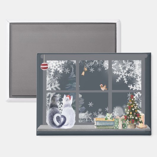 Katten bij het kerstraam magneet (Voorkant / Achterkant)