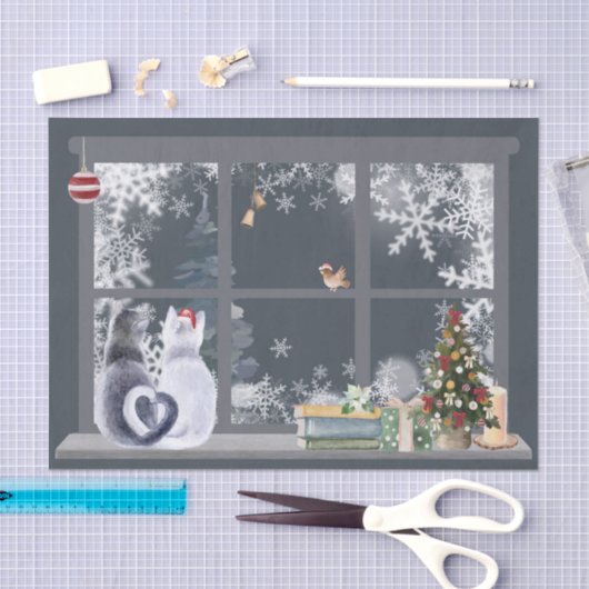 Katten bij het kerstraam tissuepapier (Craft)