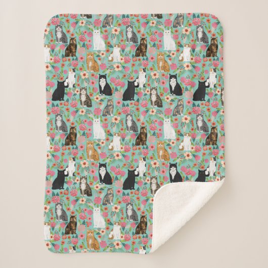 Katten  bloemenmunt sherpa deken (Voorkant)