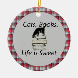 Katten, boeken, het leven is lief met vlekkeloze v keramisch ornament