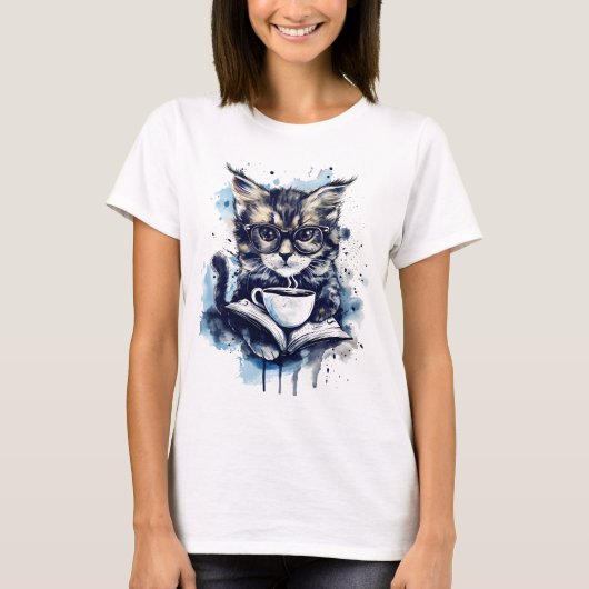 Katten Boeken Koffie Waterverf Abstract T-shirt (Voorkant)