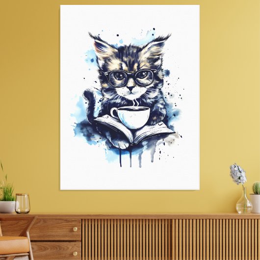 Katten Boeken Koffie Waterverf Boho Abstract Canvas Afdruk (Insitu (Woonkamer))