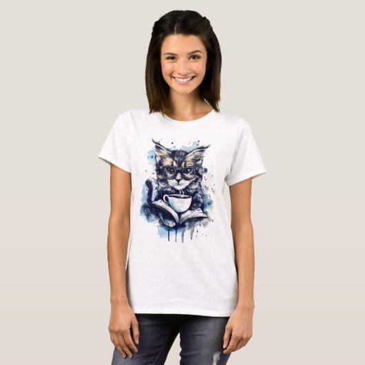 Katten Boeken Koffie Waterverf Boho Abstract T-shirt (Voorkant volledig)