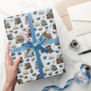 Katten & Boeken op Lichtblauw Cadeaupapier
