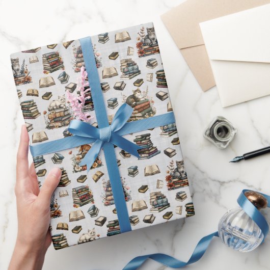 Katten & Boeken op Lichtgrijs Cadeaupapier (Geschenken)