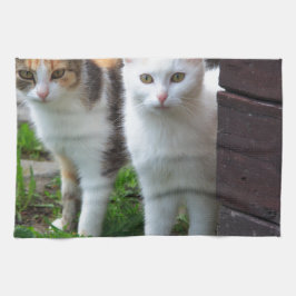 Katten buiten aan het spelen theedoek