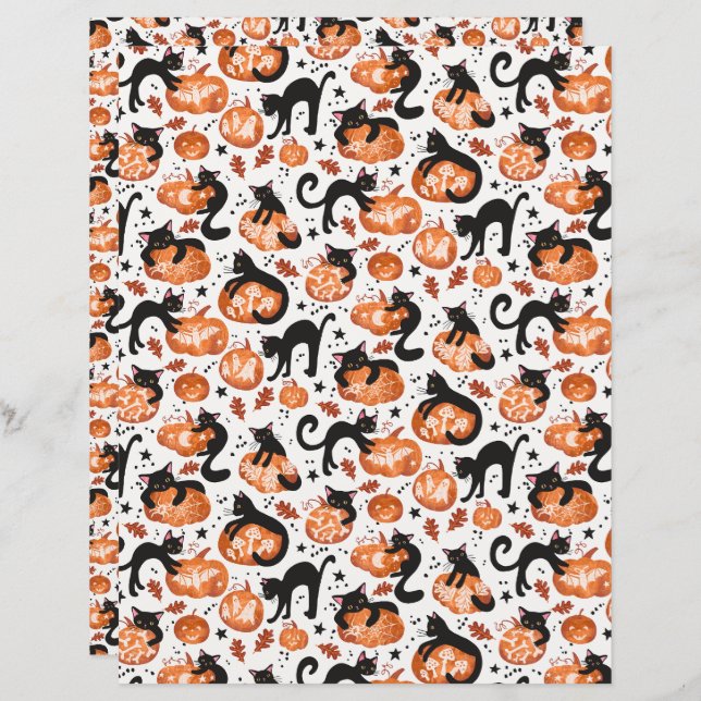 Katten Carving Halloween Pumpkins Scrapbook Papier (Voorkant / Achterkant)