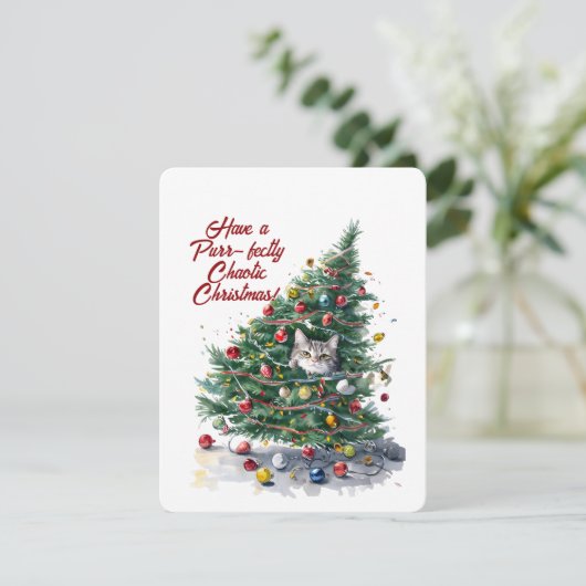 Katten Chaos Kerstboom Ontwerp Aquarel Feestdagenkaart (Staand voorkant)