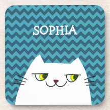 Katten coaster monogram blauwe chevron schattig
