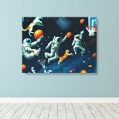 Katten die Basketball spelen in de ruimte met astr Canvas Afdruk (Insitu (Houten vloer))