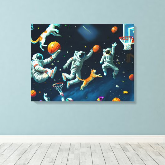 Katten die Basketball spelen in de ruimte met astr Canvas Afdruk (Insitu (Houten vloer))
