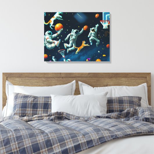 Katten die Basketball spelen in de ruimte met astr Canvas Afdruk (Insitu (Slaapkamer))