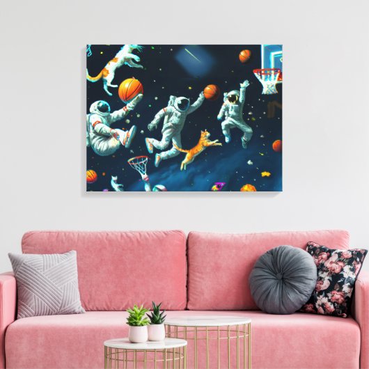 Katten die Basketball spelen in de ruimte met astr Canvas Afdruk (Insitu (Woonkamer))