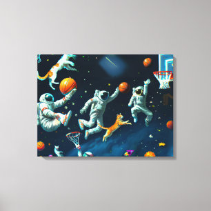 Katten die Basketball spelen in de ruimte met astr Canvas Afdruk