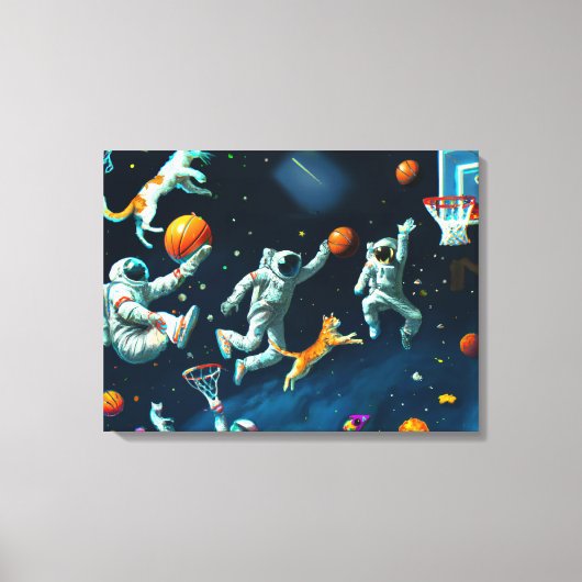 Katten die Basketball spelen in de ruimte met astr Canvas Afdruk (Voorkant)