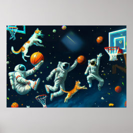 Katten die Basketball spelen in de ruimte met astr Poster