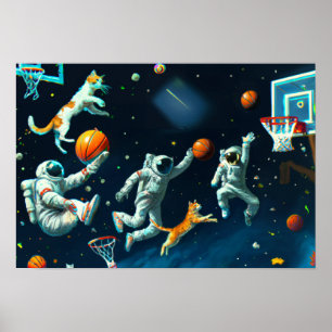 Katten die Basketball spelen in de ruimte met astr Poster