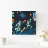 Katten die Basketball spelen in de ruimte met astr Vierkante Klok (Huis)