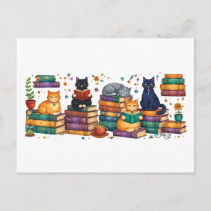 Katten die boeken lezen, gezellige bibliotheek scè briefkaart