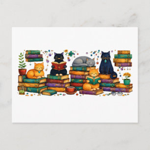 Katten die boeken lezen, gezellige bibliotheek scè briefkaart