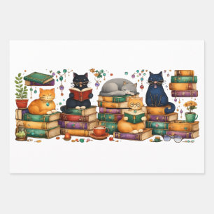 Katten die boeken lezen, gezellige bibliotheek scè inpakpapier vel