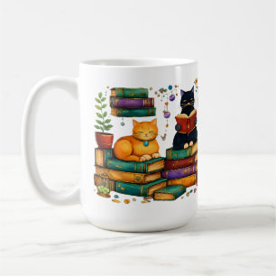 Katten die boeken lezen, gezellige bibliotheek scè koffiemok