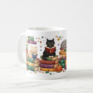 Katten die boeken lezen, gezellige bibliotheek scè koffiemok