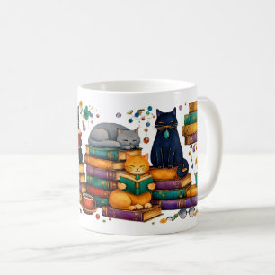 Katten die boeken lezen, gezellige bibliotheek scè koffiemok