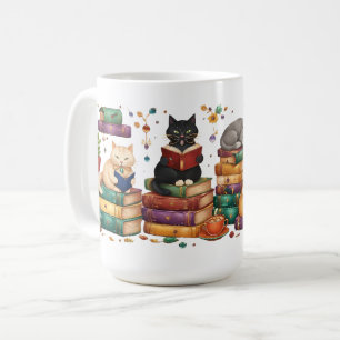Katten die boeken lezen, gezellige bibliotheek scè koffiemok