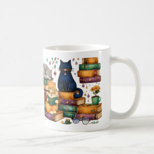 Katten die boeken lezen, gezellige bibliotheek scè koffiemok