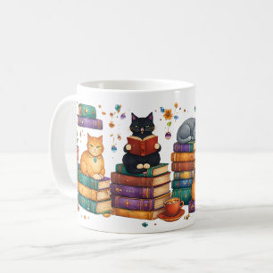 Katten die boeken lezen, gezellige bibliotheek scè koffiemok