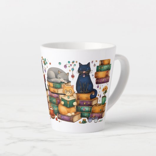Katten die boeken lezen, gezellige bibliotheek scè latte mok (Rechterhoek)