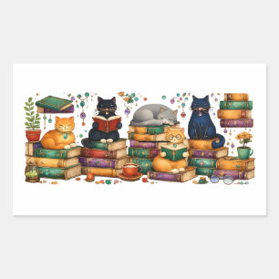 Katten die boeken lezen, gezellige bibliotheek scè rechthoekige sticker