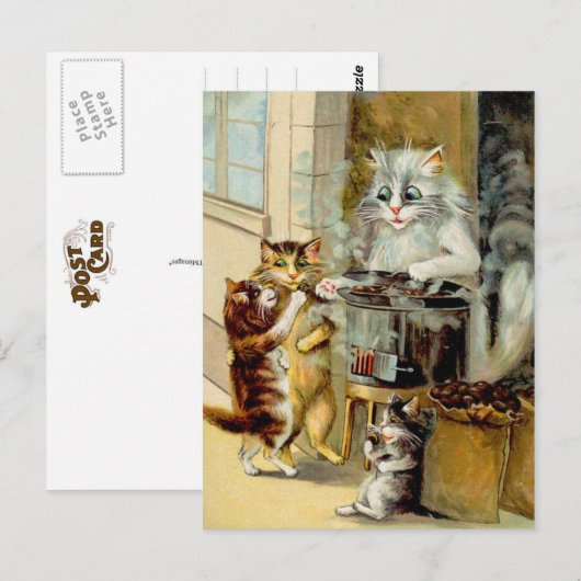 Katten die gebrande kastanjes eten briefkaart (Voorkant / Achterkant)