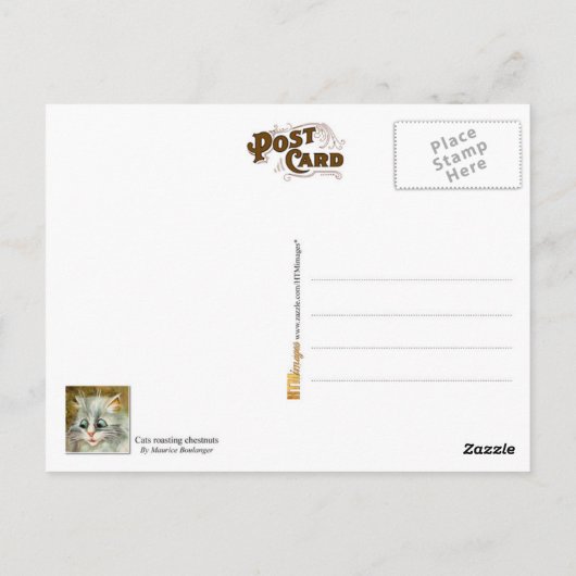 Katten die gebrande kastanjes eten briefkaart (Achterkant)