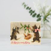Katten die in sneeuw Vintage Kerstmis spelen Feestdagenkaart (Staand voorkant)