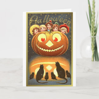 Katten die Kinder en pompoen Halloween bekijken ( Kaart