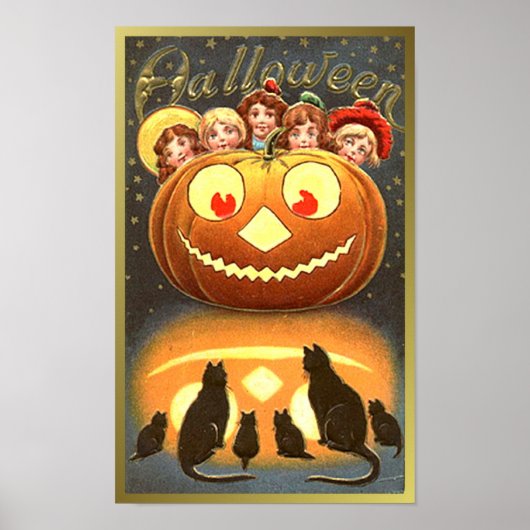 Katten die Kinder en pompoen  Halloween bekijken ( Poster (Voorkant)