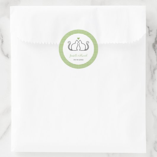Katten die Liefdevolle Hart Groen & Witte Gingham Ronde Sticker (Tas)