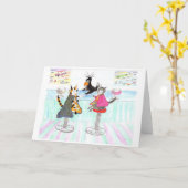 Katten die lunchen, wijn op de klok kaart (Gele Bloem)