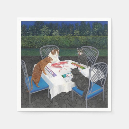 Katten die Mahjong afspelen in de tuin Servet (Voorkant)