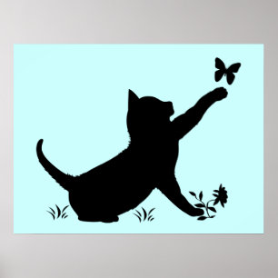 Katten die met Butterflies spelen in Silhouettes Poster