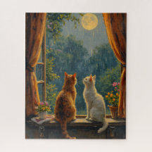 Katten die naar de maan en regen kijken