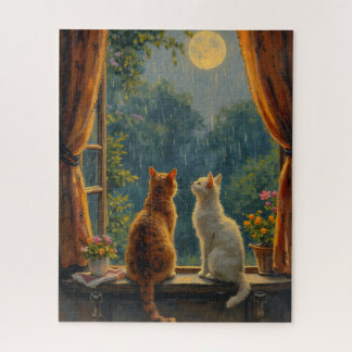 Katten die naar de maan en regen kijken legpuzzel
