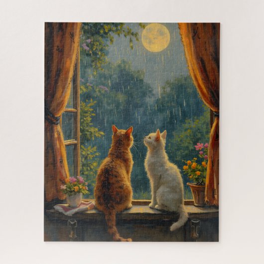 Katten die naar de maan en regen kijken legpuzzel (Verticaal)