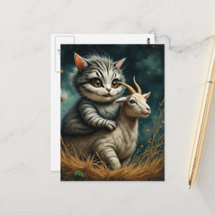 Katten die op een geit rijden in het veld Grappige Briefkaart