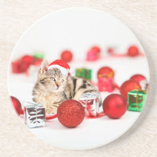 Katten die rode kerstman hoed dragen Kerst Ornamen Zandsteen Onderzetter