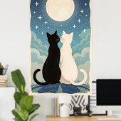 Katten die verliefd zijn op kussen onder de maan poster (Thuiskantoor)