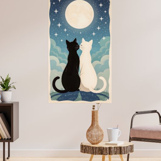 Katten die verliefd zijn op kussen onder de maan poster (Woonkamer 3)